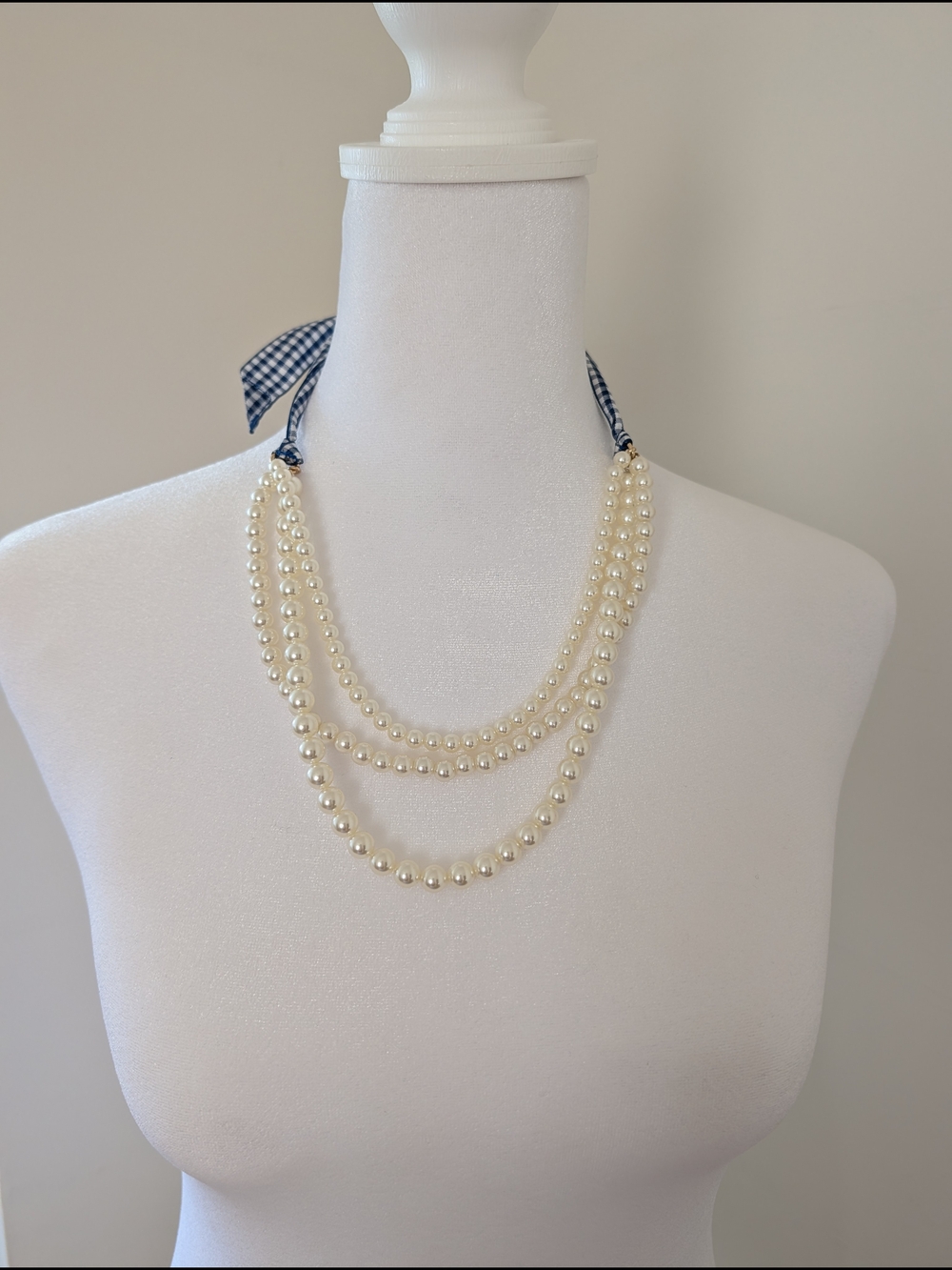 J. Crew Factory Triple-Strand Pearl Necklace with Navy Gingham Ribbon
